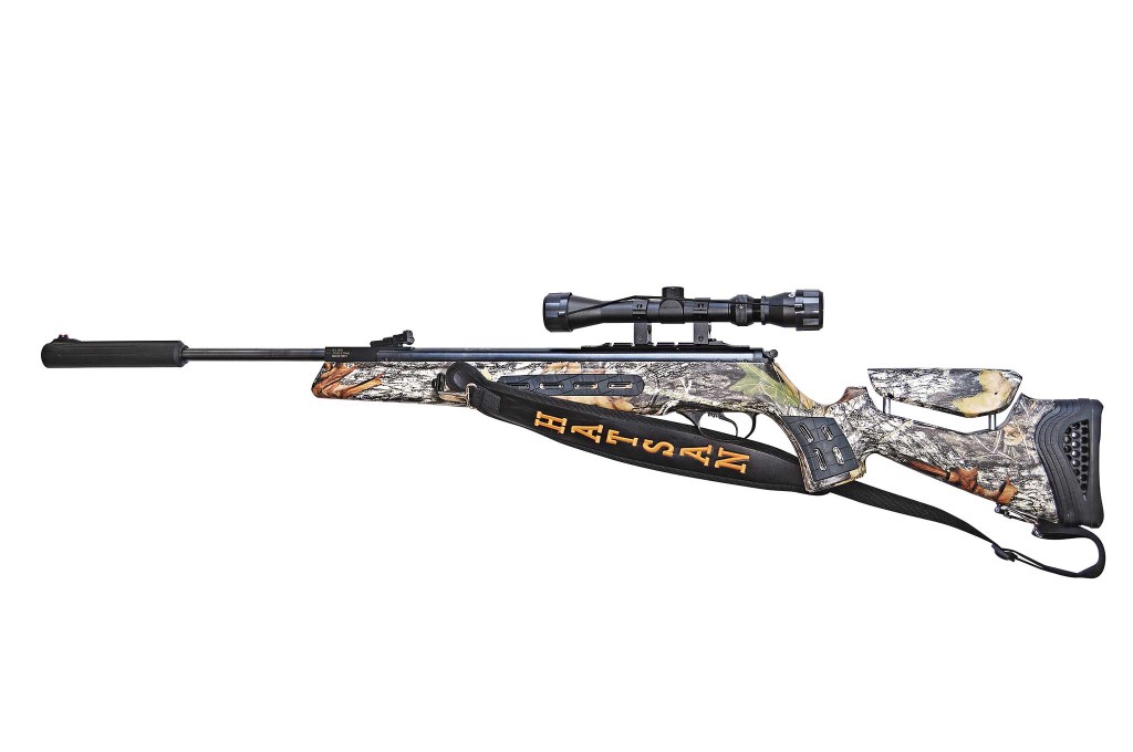 The Hatsan MOD 125 Sniper is available in .177, .22, and .25, the former of which can shoot up to 1,250 feet per second. This single-shot, break-barrel rifle comes in three colors, including this Mossy Oak Break-Up camo version.