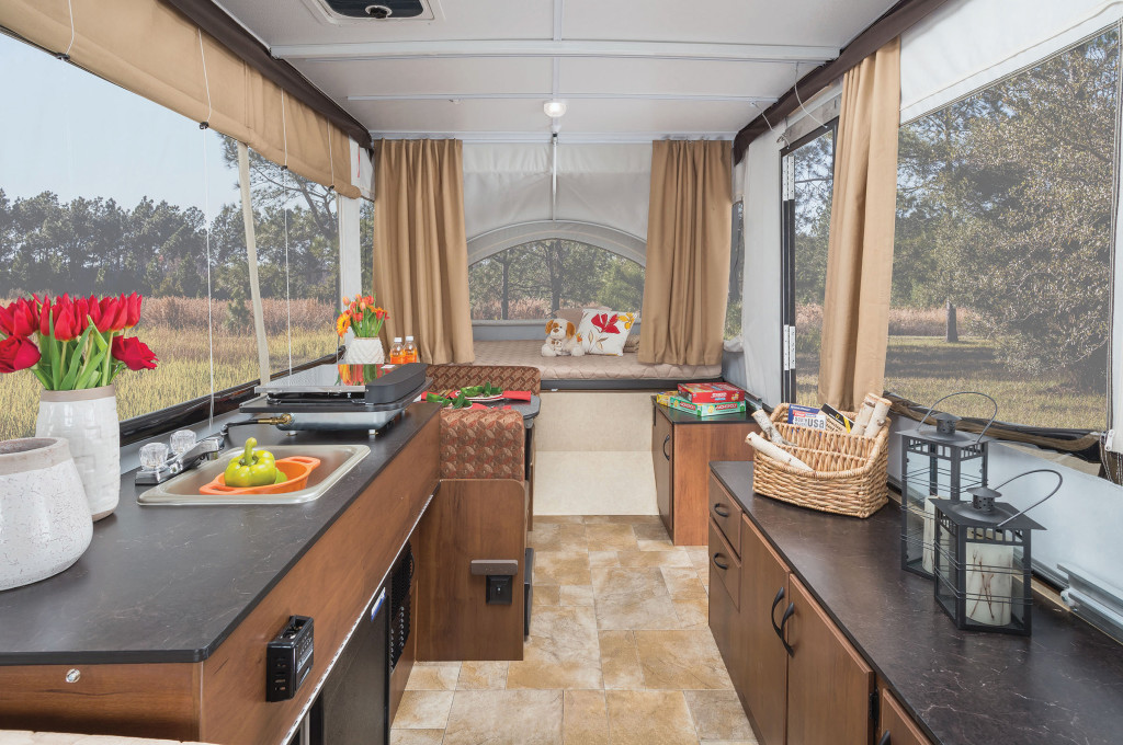 The Jayco Jay Series Sport, a compact pop-up trailer that also features pop-out expandable sleeping areas.