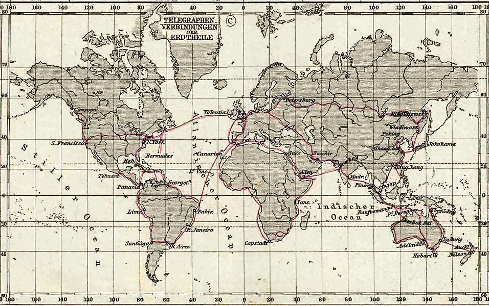 A map of international telegraph lines from 1891. Source: Wikipedia