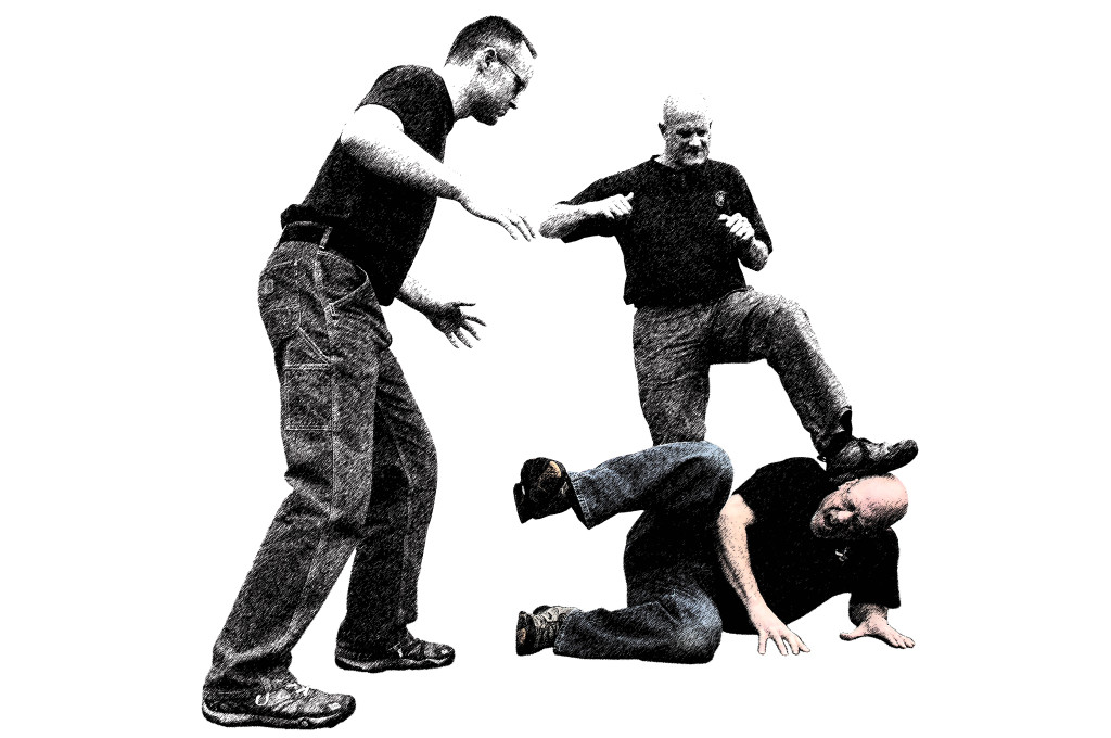 Many martial arts advocate laying on your side and side-kicking your attacker. That may work well with a single attacker, but if he has friends, that position leaves your spine and head vulnerable.