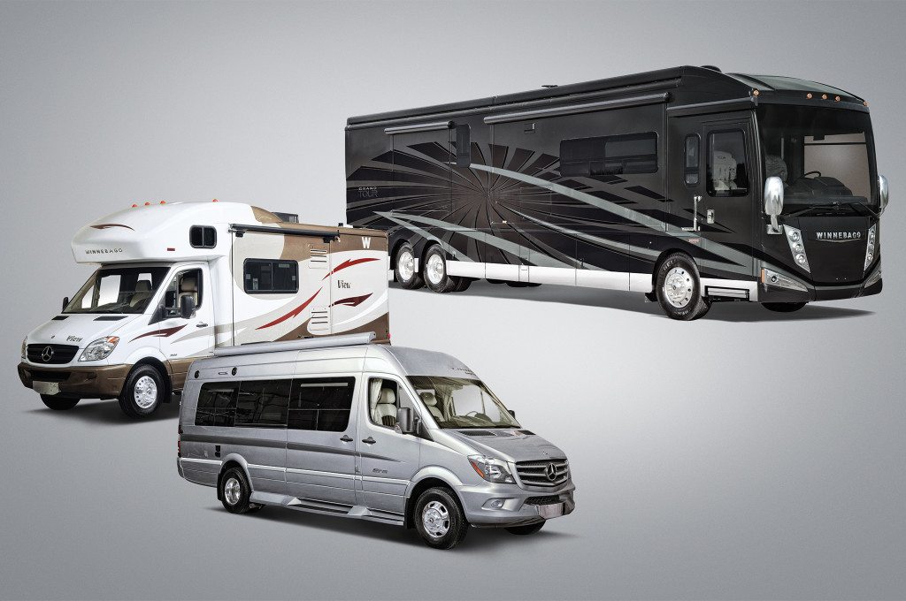 From left: The Winnebago View: Note the extended sleeping area directly above the vehicle's cab, this identifies as a Class-C motorhome. The Winnebago Era, a Class-B motorhome based on a Mercedes Sprinter van. Notice the low-profile roof and lack of sleeping area above the cab. The Winnebago Grand Tour: Class-A motorhomes are the largest and most luxurious money can buy, and often feature amenities similar to a high-end hotel room.