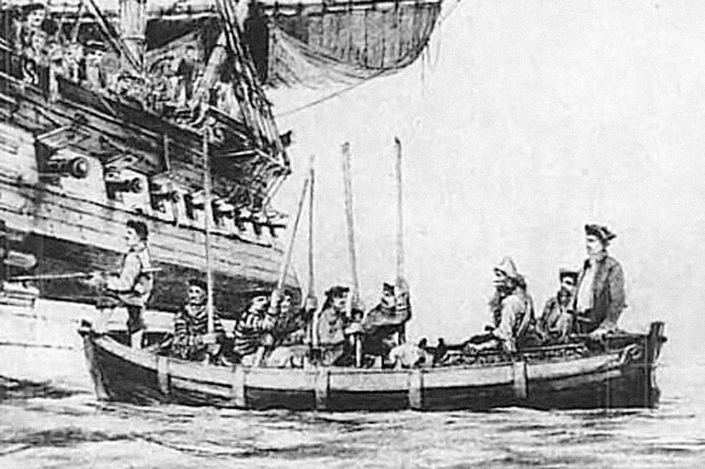 An 1859 illustration of Selkirk being taken aboard the Duke. Source: Wikipedia