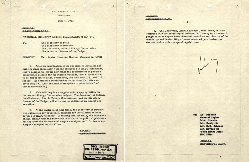 The National Security Action Memorandum 160, signed by JFK in 1962. Source: JFK Library / Wikipedia