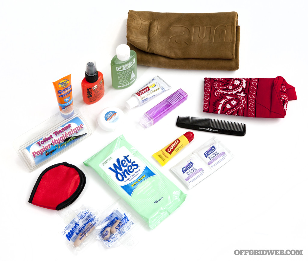 The contents of the toiletries kit (minus nail clippers, which didn't make it into our photo).