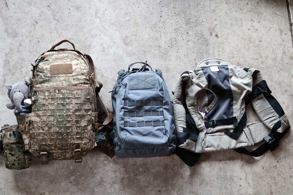 From left, the author's bug-out bag, the baby's BOB, and the baby carrier.