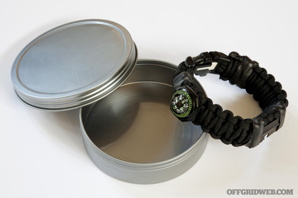 We used the metal tin that came with the Superesse Straps Bug-Out Bracelet we previously reviewed.