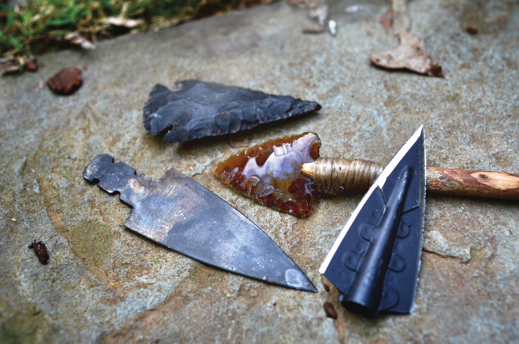 Arrowheads are modern glue-on broad-head, trade blank metal point, a stone point, and a beer bottle point.