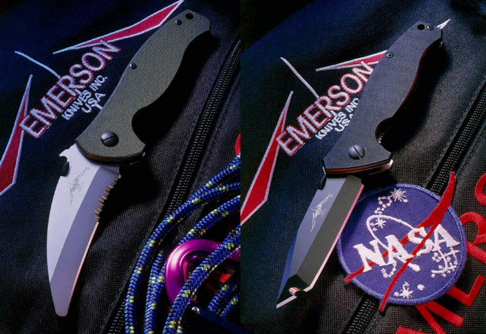 Left: the Emerson SARK, designed for Navy search and rescue. Right: the Emerson NASA knife, with a special hook for opening food packages.