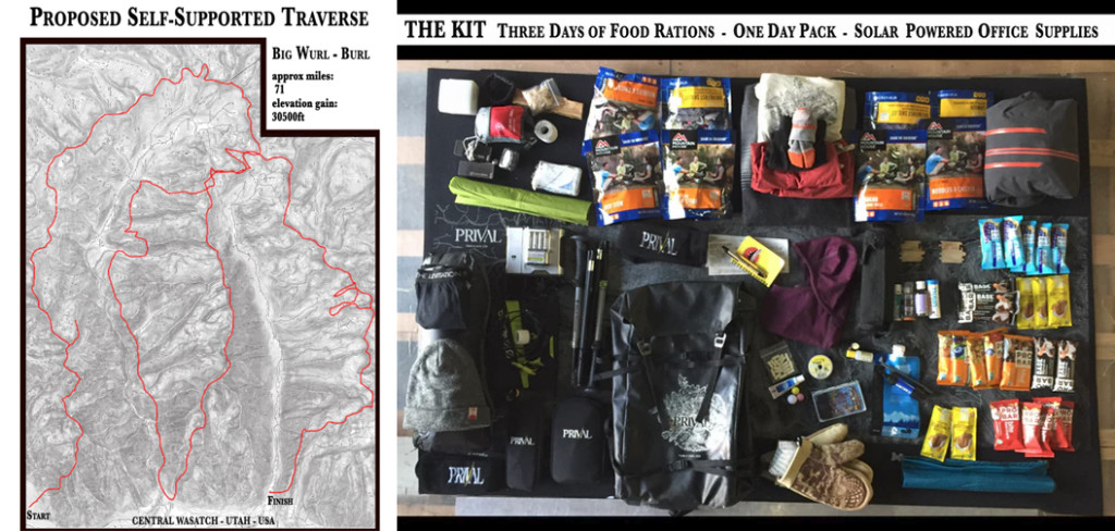Left: Tony's 71-mile course. Right: the gear he's carrying on this trek.