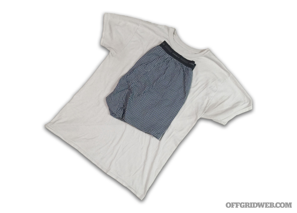 Lay the shirt flat. Fold the shorts or underwear in half, and place them in the center.