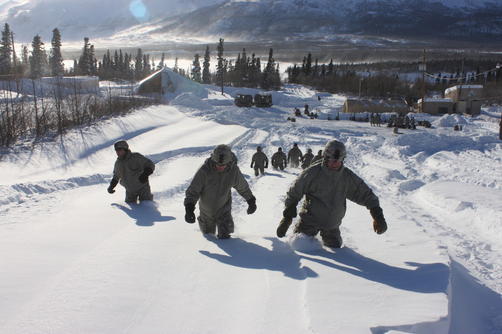 U.S. Soldiers assigned to the 4th Brigade Combat Team (Airborne), 25th Infantry Division, negotiate a snow-covered hill during the snowshoe appreciation phase of the Cold Weather Orientation Course at the Northern Warfare Training Center at the Black Rapids Training Site near Fort Greely, Alaska, March 27, 2013. The event helped develop leader skills needed for operating and planning for combat operations in extremely cold environments. (U.S. Army photo by Staff Sgt. Michael O'Brien/Released)