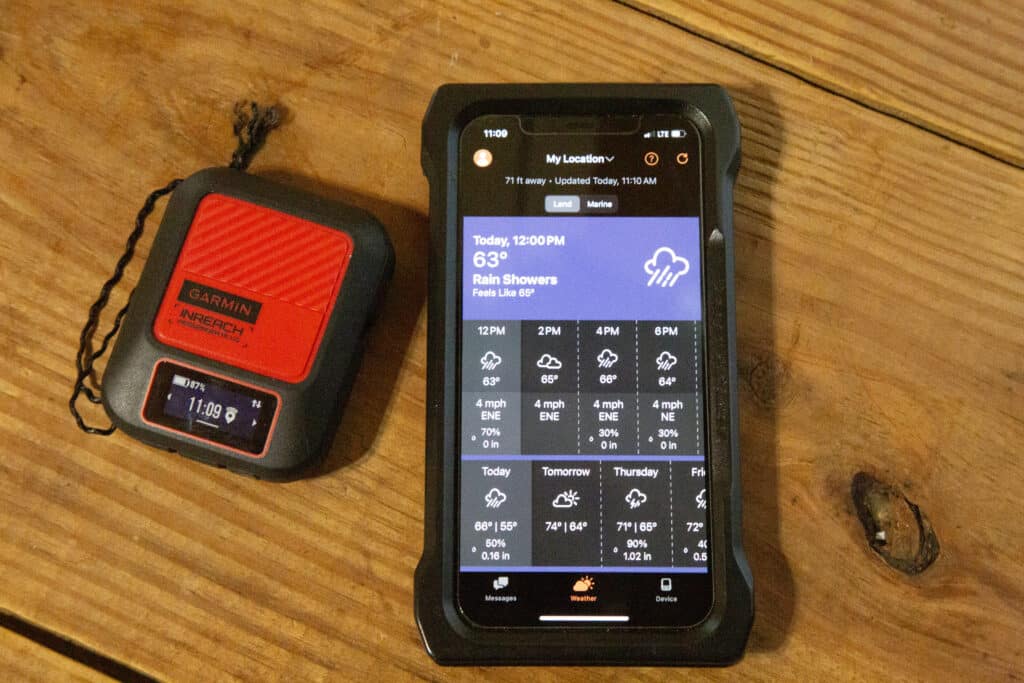 Photo of the garmin inreach and its localized weather function.